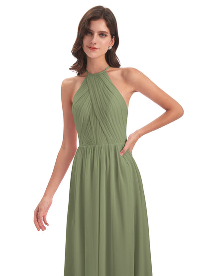 Mackenzie Halter Keyhole Lace Long Bridesmaid Dresses