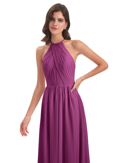 Mackenzie Halter Keyhole Lace Long Bridesmaid Dresses