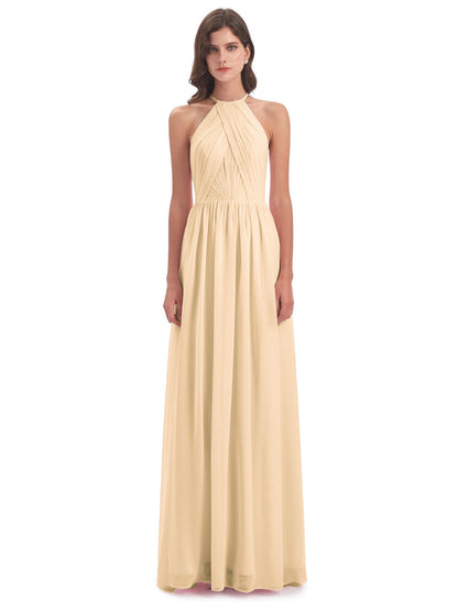 Mackenzie Halter Keyhole Lace Long Bridesmaid Dresses
