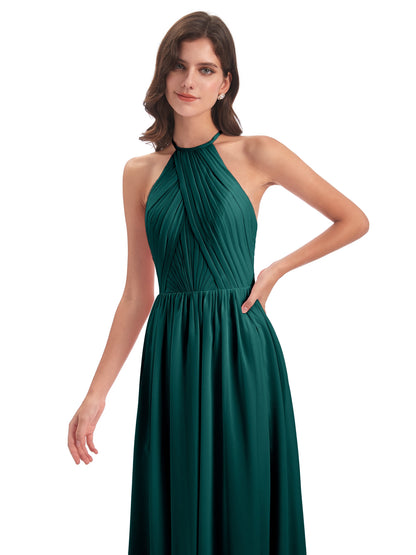 Mackenzie Halter Keyhole Lace Long Bridesmaid Dresses