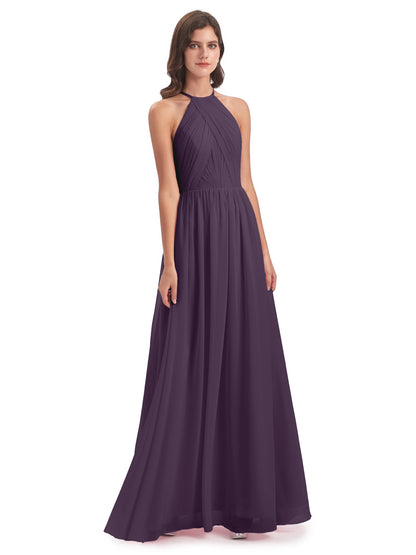 Mackenzie Halter Keyhole Lace Long Bridesmaid Dresses