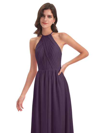 Mackenzie Halter Keyhole Lace Long Bridesmaid Dresses