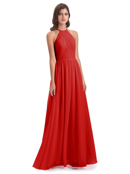 Mackenzie Halter Keyhole Lace Long Bridesmaid Dresses