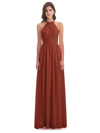 Mackenzie Halter Keyhole Lace Long Bridesmaid Dresses