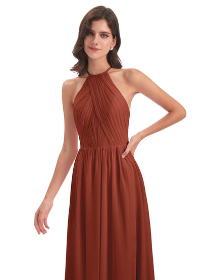 Mackenzie Halter Keyhole Lace Long Bridesmaid Dresses