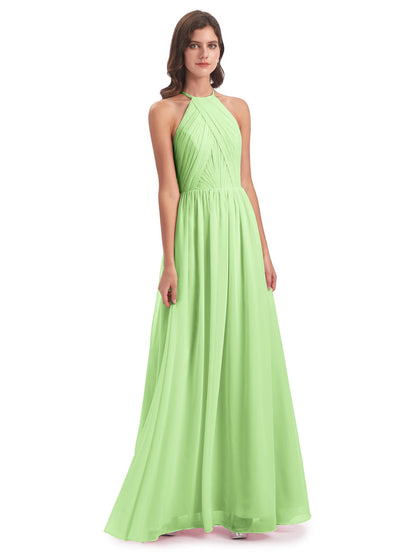 Mackenzie Halter Keyhole Lace Long Bridesmaid Dresses