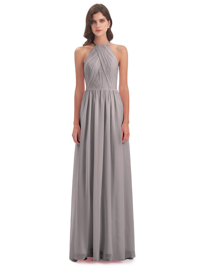 Mackenzie Halter Keyhole Lace Long Bridesmaid Dresses