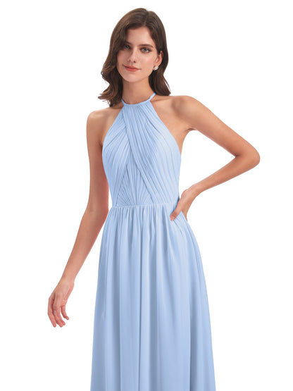 Mackenzie Halter Keyhole Lace Long Bridesmaid Dresses
