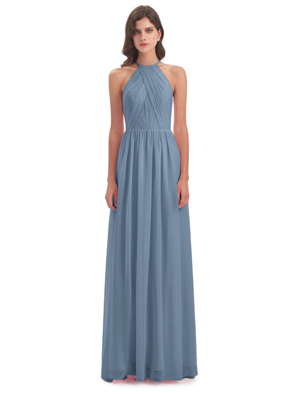 Mackenzie Halter Keyhole Lace Long Bridesmaid Dresses