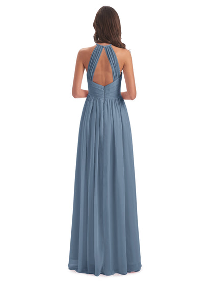 Mackenzie Halter Keyhole Lace Long Bridesmaid Dresses