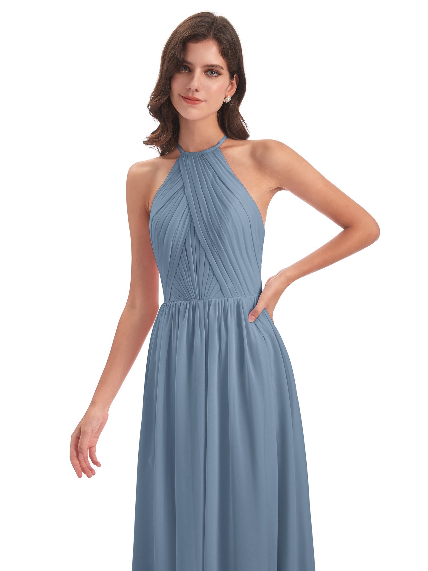 Mackenzie Halter Keyhole Lace Long Bridesmaid Dresses