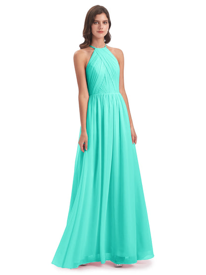 Mackenzie Halter Keyhole Lace Long Bridesmaid Dresses