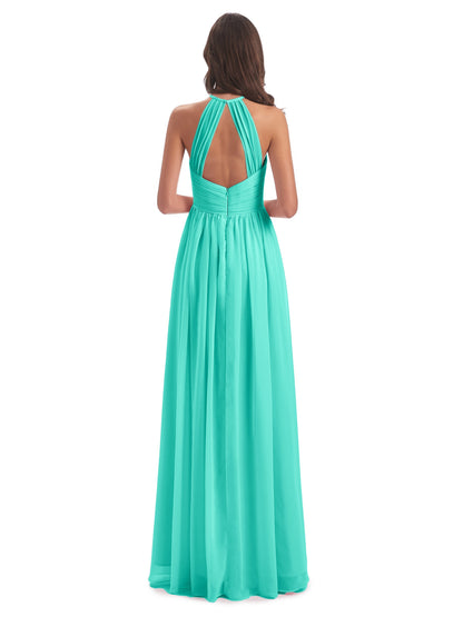Mackenzie Halter Keyhole Lace Long Bridesmaid Dresses