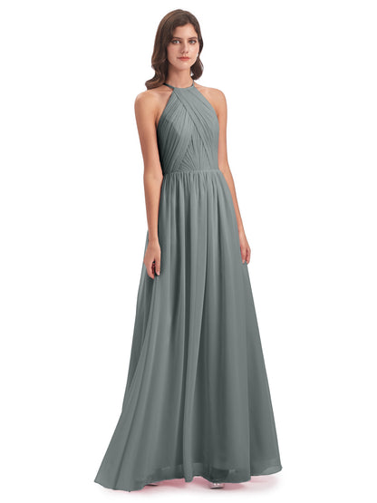 Mackenzie Halter Keyhole Lace Long Bridesmaid Dresses