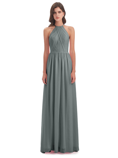 Mackenzie Halter Keyhole Lace Long Bridesmaid Dresses