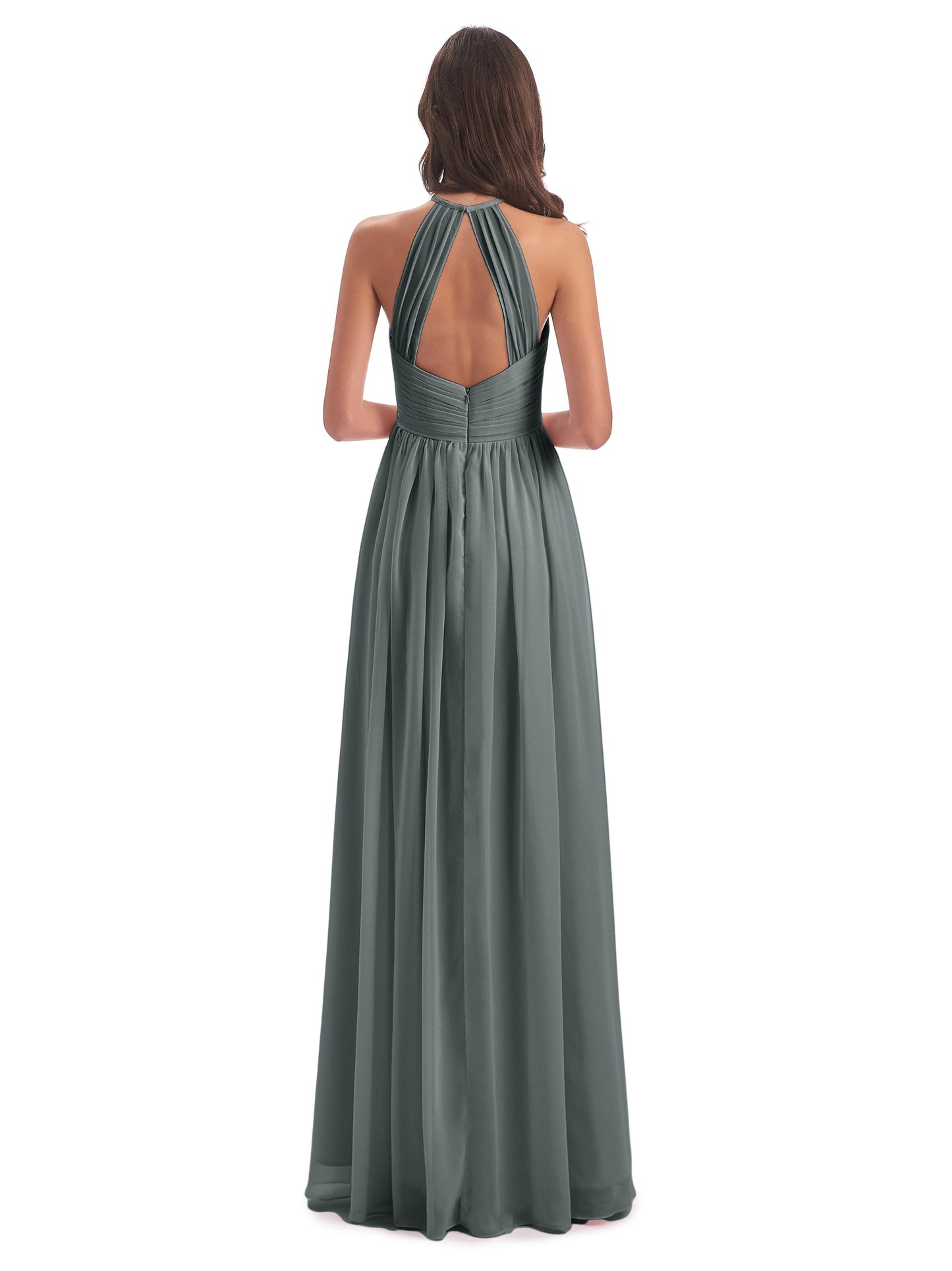 Mackenzie Halter Keyhole Lace Long Bridesmaid Dresses