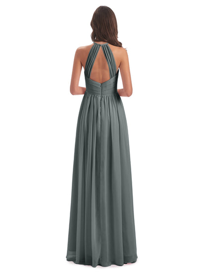 Mackenzie Halter Keyhole Lace Long Bridesmaid Dresses