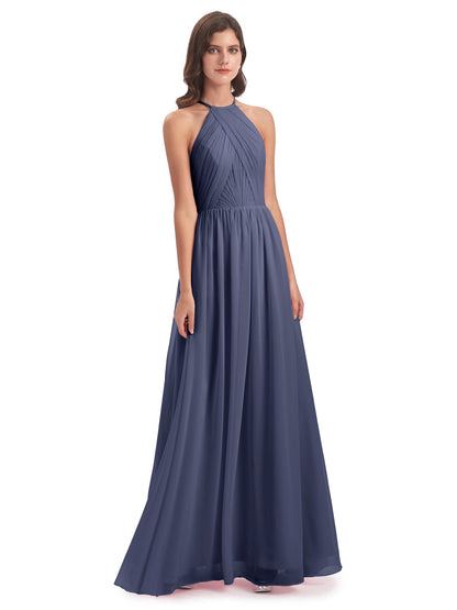 Mackenzie Halter Keyhole Lace Long Bridesmaid Dresses