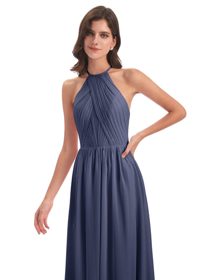Mackenzie Halter Keyhole Lace Long Bridesmaid Dresses
