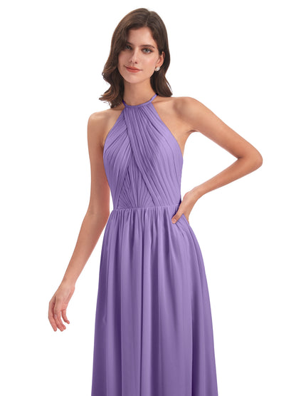 Mackenzie Halter Keyhole Lace Long Bridesmaid Dresses