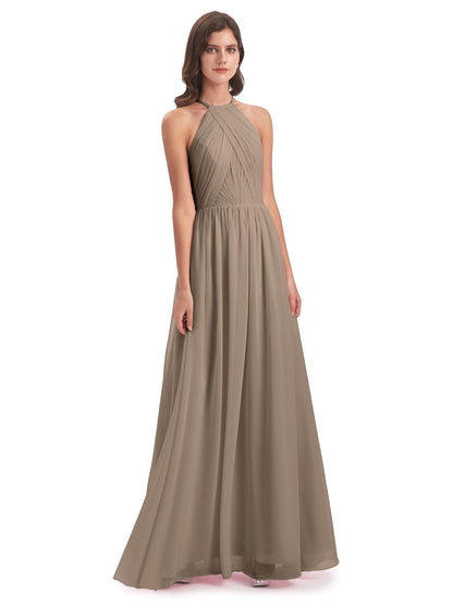 Mackenzie Halter Keyhole Lace Long Bridesmaid Dresses