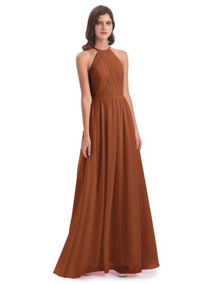 Mackenzie Halter Keyhole Lace Long Bridesmaid Dresses