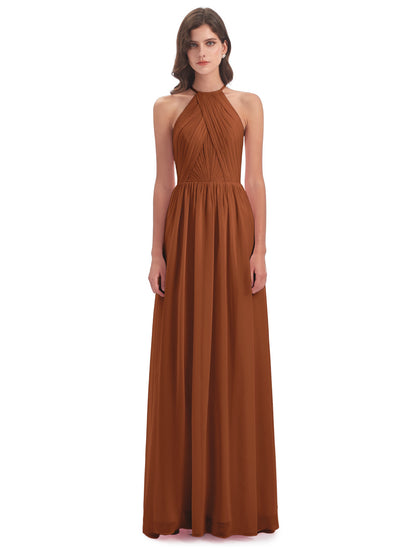 Mackenzie Halter Keyhole Lace Long Bridesmaid Dresses