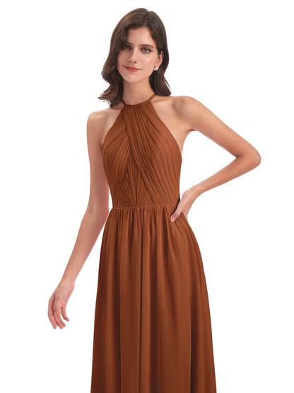 Mackenzie Halter Keyhole Lace Long Bridesmaid Dresses