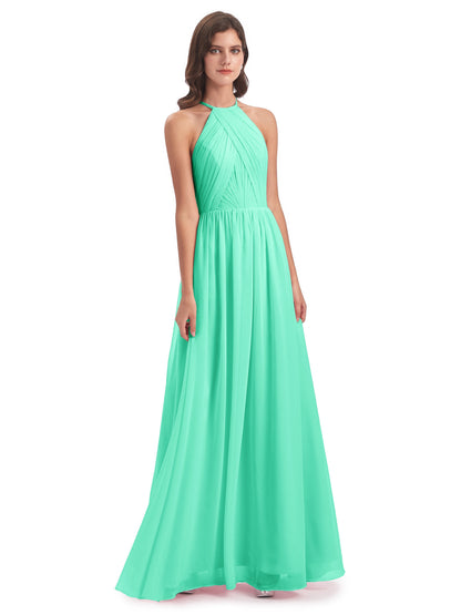 Mackenzie Halter Keyhole Lace Long Bridesmaid Dresses