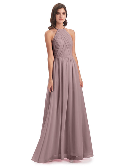 Mackenzie Halter Keyhole Lace Long Bridesmaid Dresses