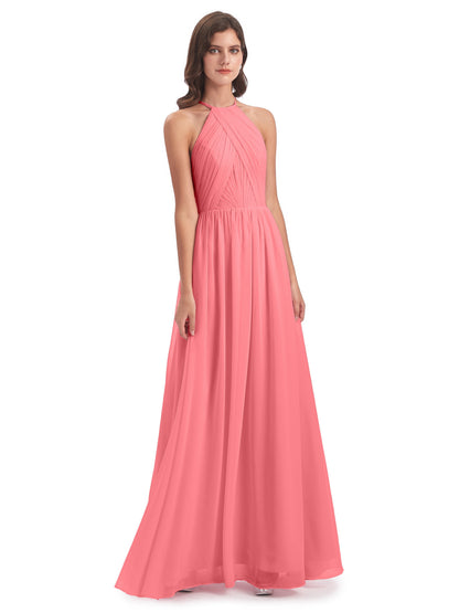 Mackenzie Halter Keyhole Lace Long Bridesmaid Dresses