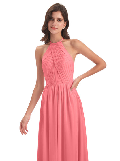 Mackenzie Halter Keyhole Lace Long Bridesmaid Dresses