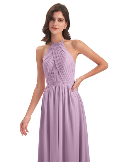 Mackenzie Halter Keyhole Lace Long Bridesmaid Dresses