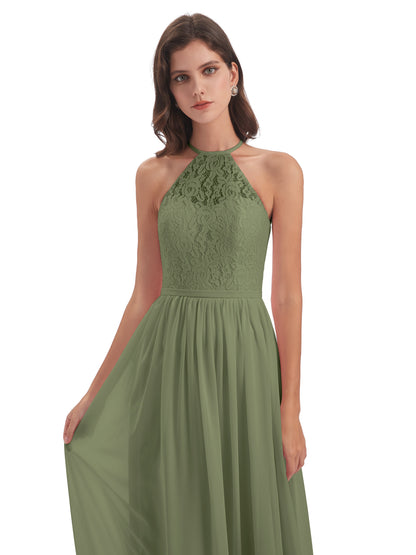 Magdalena Halter Keyhole Lace Long Bridesmaid Dresses