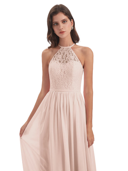 Magdalena Halter Keyhole Lace Long Bridesmaid Dresses