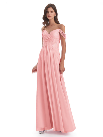 Marjorie Off The Shoulder Open Back Chiffon Long Bridesmaid Dresses