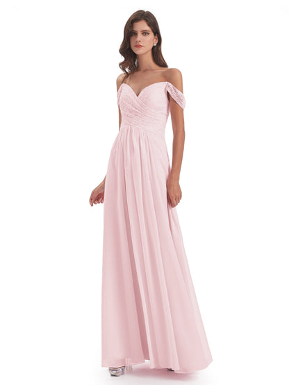 Marjorie Off The Shoulder Open Back Chiffon Long Bridesmaid Dresses