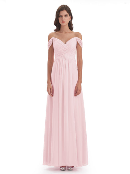 Marjorie Off The Shoulder Open Back Chiffon Long Bridesmaid Dresses