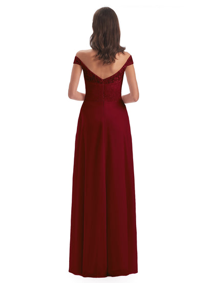 Marjorie Off The Shoulder Open Back Chiffon Long Bridesmaid Dresses