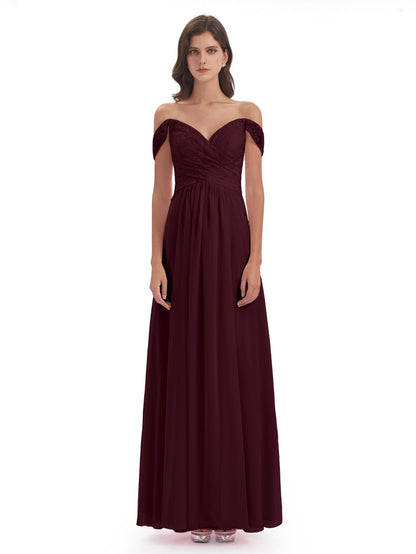 Marjorie Off The Shoulder Open Back Chiffon Long Bridesmaid Dresses