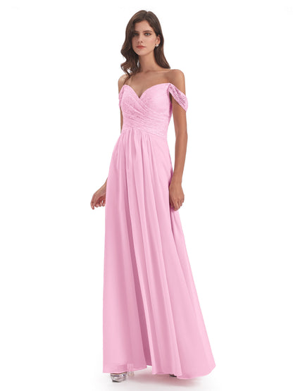 Marjorie Off The Shoulder Open Back Chiffon Long Bridesmaid Dresses