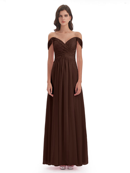 Marjorie Off The Shoulder Open Back Chiffon Long Bridesmaid Dresses