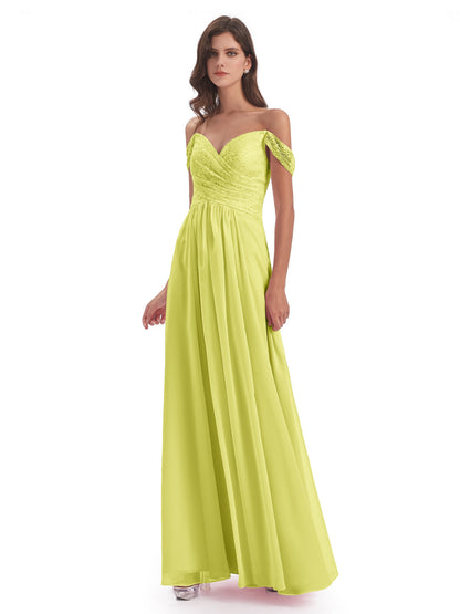 Marjorie Off The Shoulder Open Back Chiffon Long Bridesmaid Dresses