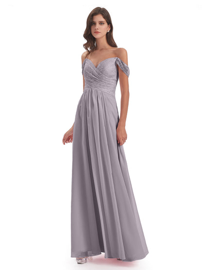 Marjorie Off The Shoulder Open Back Chiffon Long Bridesmaid Dresses