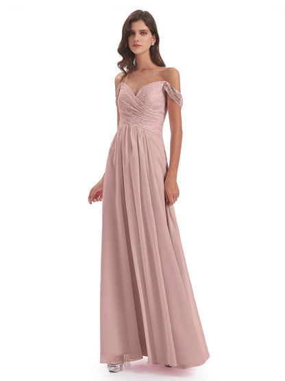 Marjorie Off The Shoulder Open Back Chiffon Long Bridesmaid Dresses