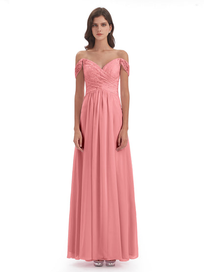 Marjorie Off The Shoulder Open Back Chiffon Long Bridesmaid Dresses