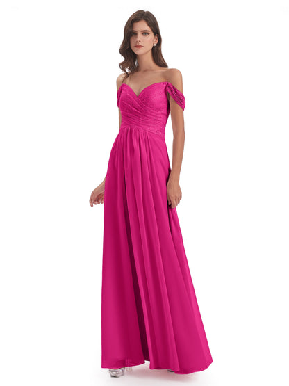 Marjorie Off The Shoulder Open Back Chiffon Long Bridesmaid Dresses