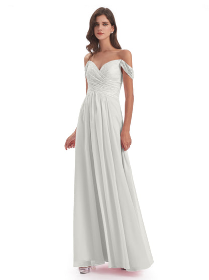 Marjorie Off The Shoulder Open Back Chiffon Long Bridesmaid Dresses