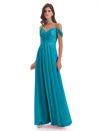 Marjorie Off The Shoulder Open Back Chiffon Long Bridesmaid Dresses