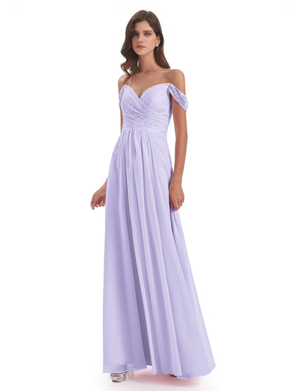 Marjorie Off The Shoulder Open Back Chiffon Long Bridesmaid Dresses